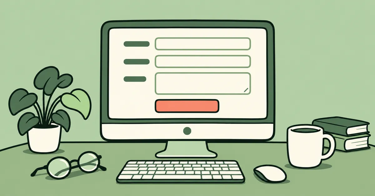 A cartoon desk with a large monitor showing a simple form with big fields and one big button, beside reading glasses and a mug