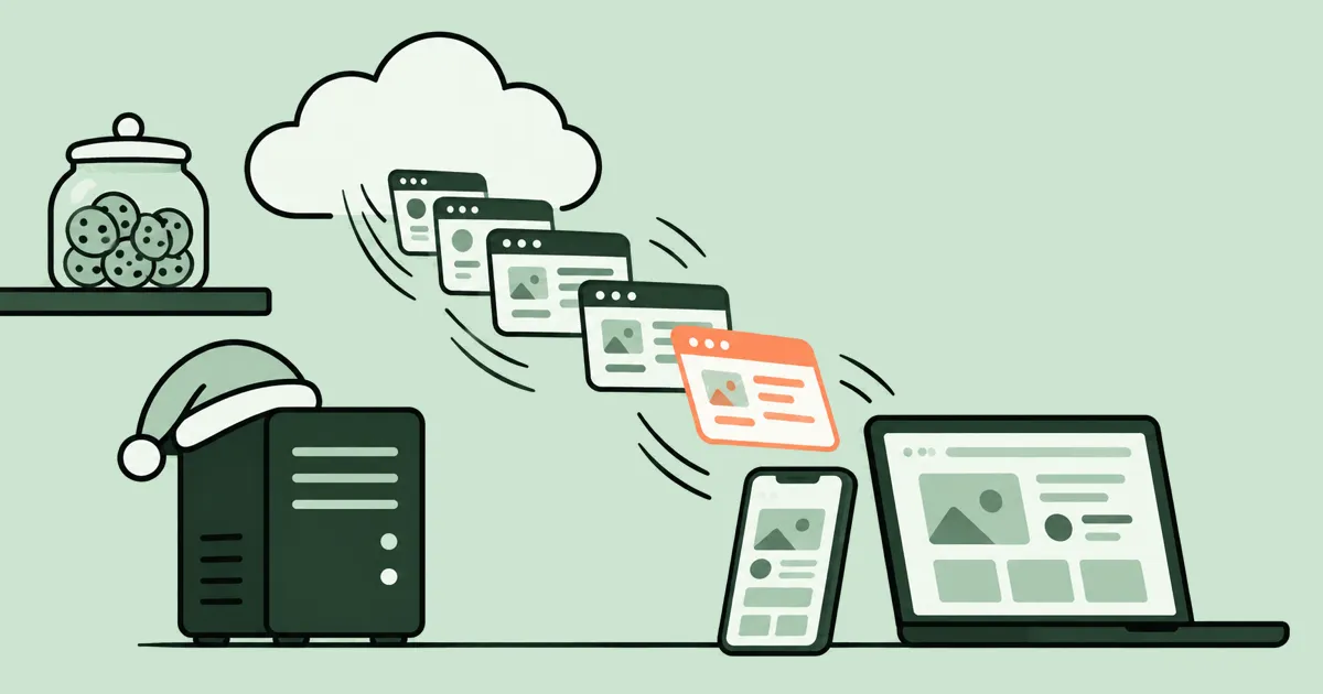 A closed cartoon cookie jar set aside while static page cards fly fast from a cloud to a phone and a laptop