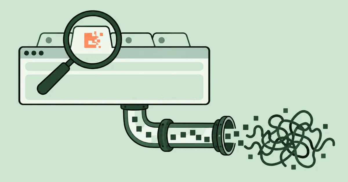 A cartoon browser tab with a broken pixel icon under a magnifying glass, and a pipe turning neat bits into squiggles