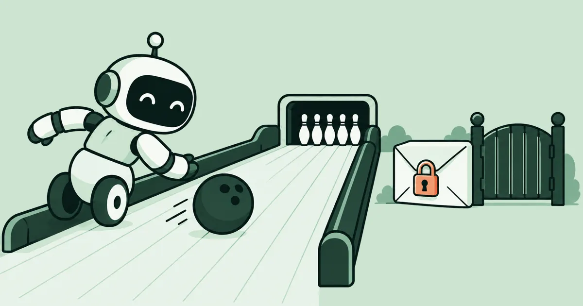 A cartoon robot bowling down a lane with bumper rails, next to a padlocked envelope and a closed gate