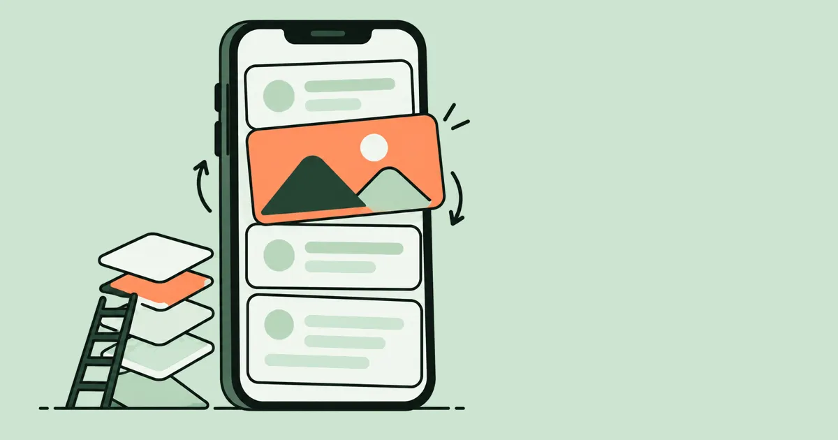 A cartoon phone where a picture card wrongly overlaps the header card above it