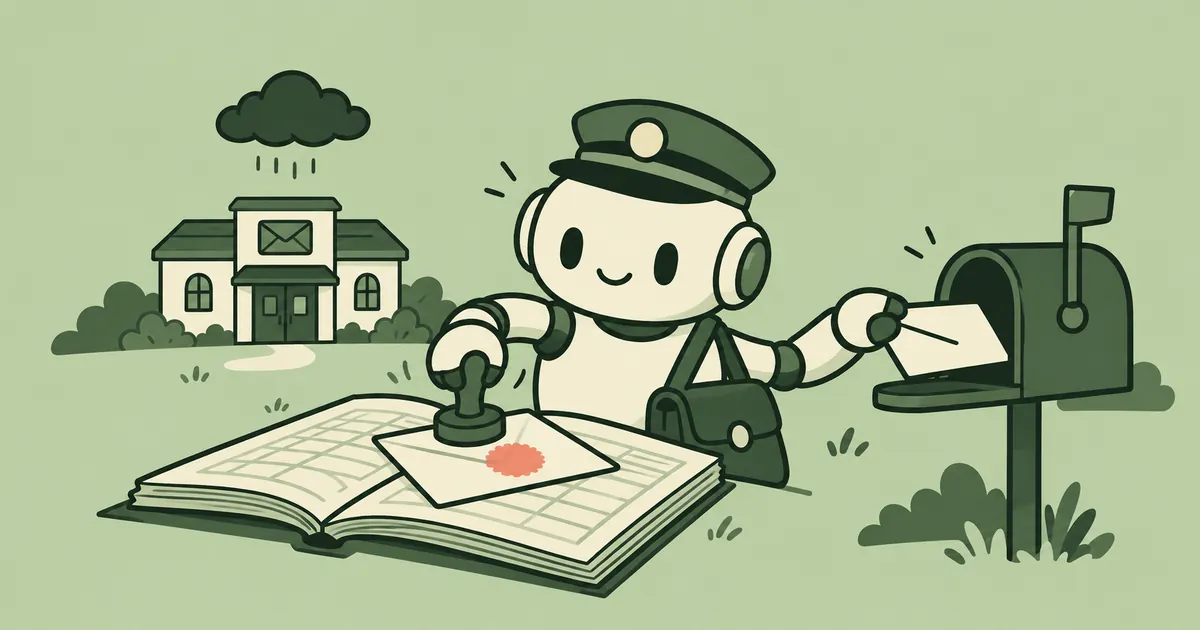 A cartoon robot mail carrier stamping a letter in an open ledger while posting another into a mailbox, under a storm cloud over the post office