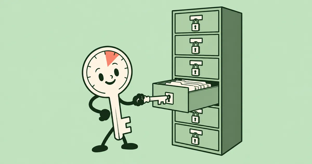 A cartoon key with a timer for a head unlocking one open drawer of a filing cabinet, while every other drawer stays padlocked