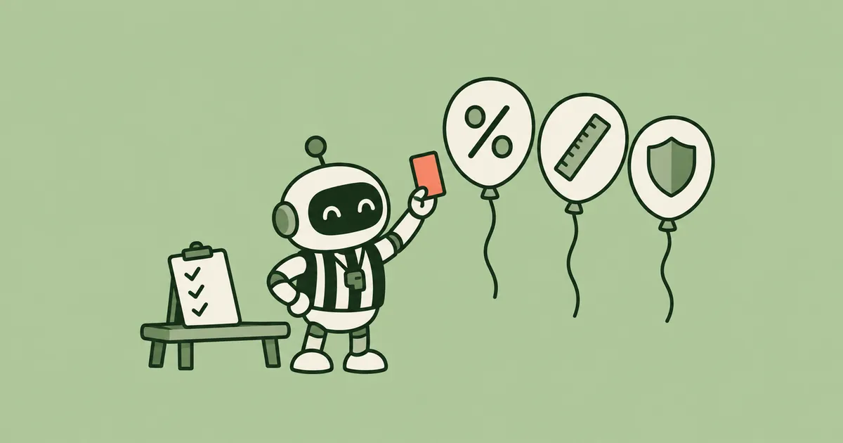 A cartoon robot referee holding up a red card at three balloons marked with a percent sign, a ruler and a shield, next to a checklist on a bench